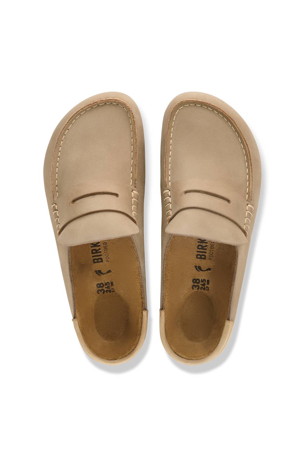 A pair of light tan leather penny loafers shown from a top-down view on a white background. The brand name BIRKENSTOCK is visible on the insoles.