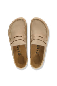 A pair of light tan leather penny loafers shown from a top-down view on a white background. The brand name BIRKENSTOCK is visible on the insoles.