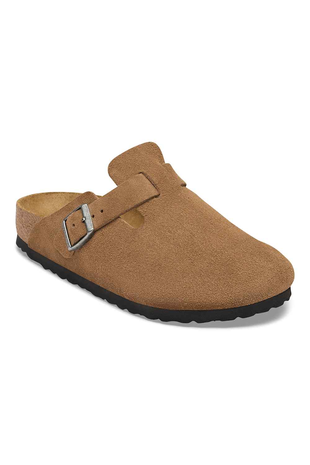 A tan suede clog-style mule shoe with a single strap and silver buckle, shown from a three-quarters angle on a white background.