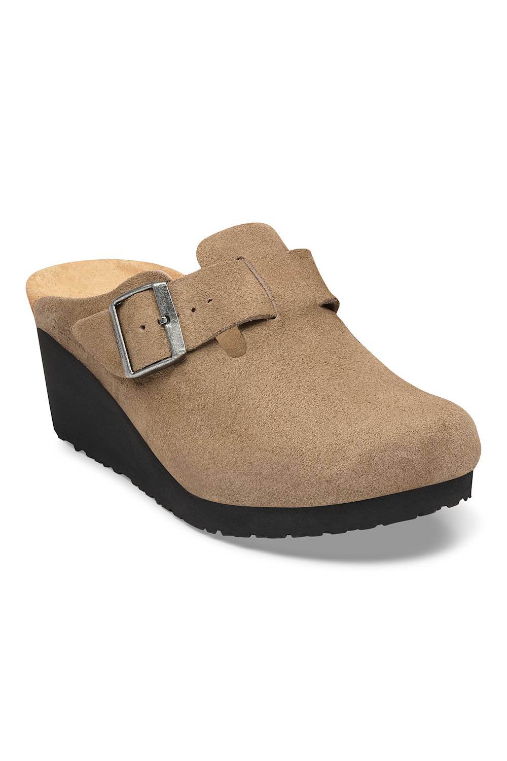A single tan suede clog-style wedge mule with a wide strap and silver buckle, shown on a plain white background.