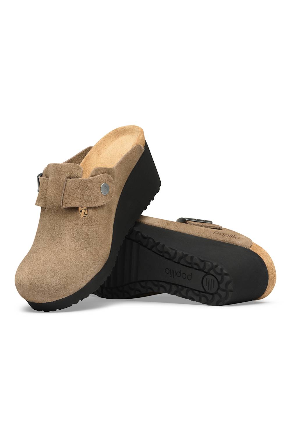A pair of beige suede clogs with black wedge platform soles, displayed on a clean white background.
