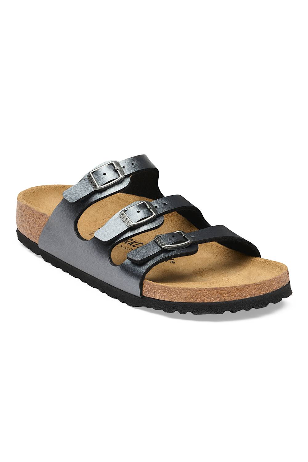 A pair of black leather slide sandals with double adjustable buckles, a cork midsole, and a black outsole, shown on a plain white background.