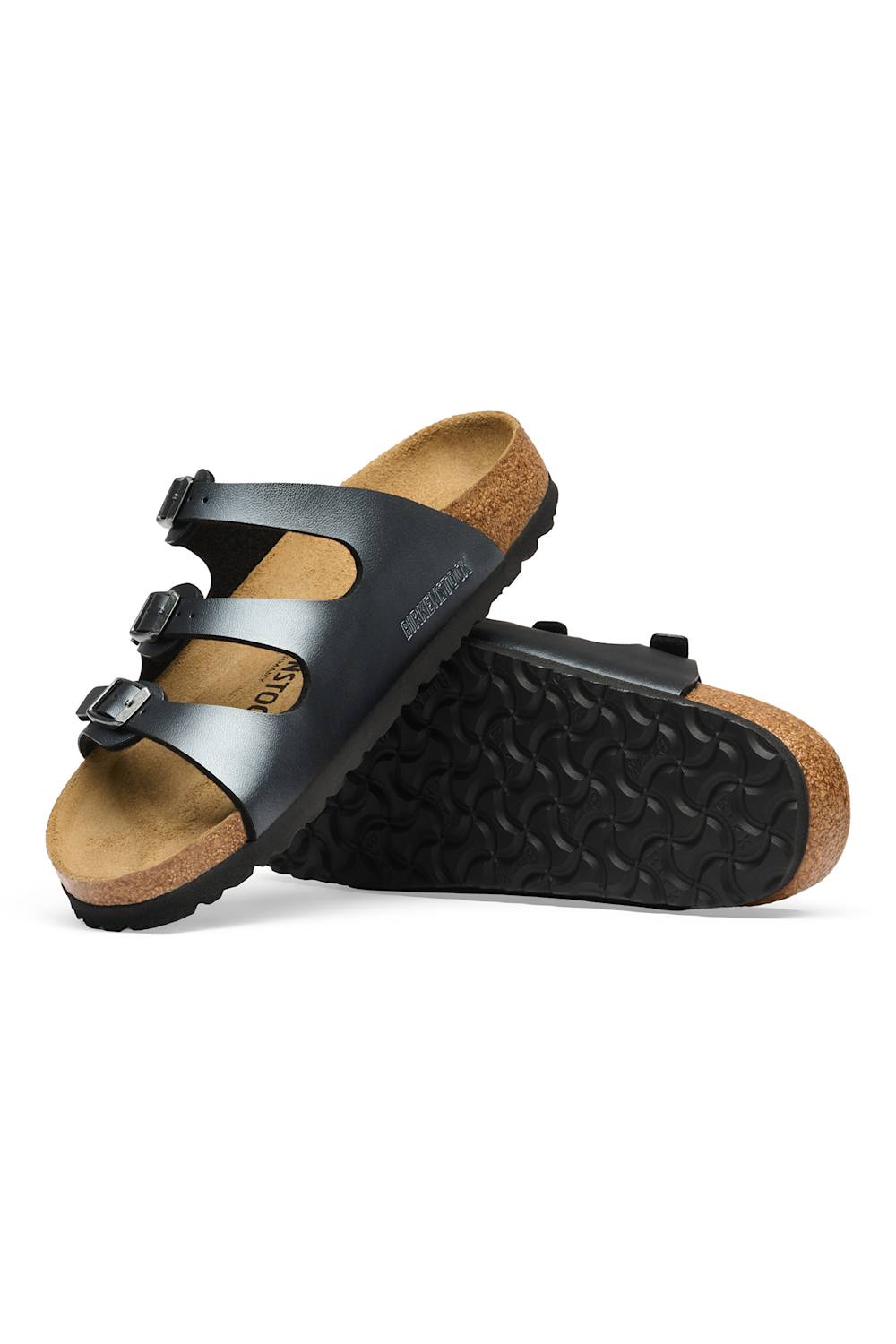 A pair of Birkenstock Arizona slide sandals in black with natural cork footbeds and soles, shown on a clean white background.