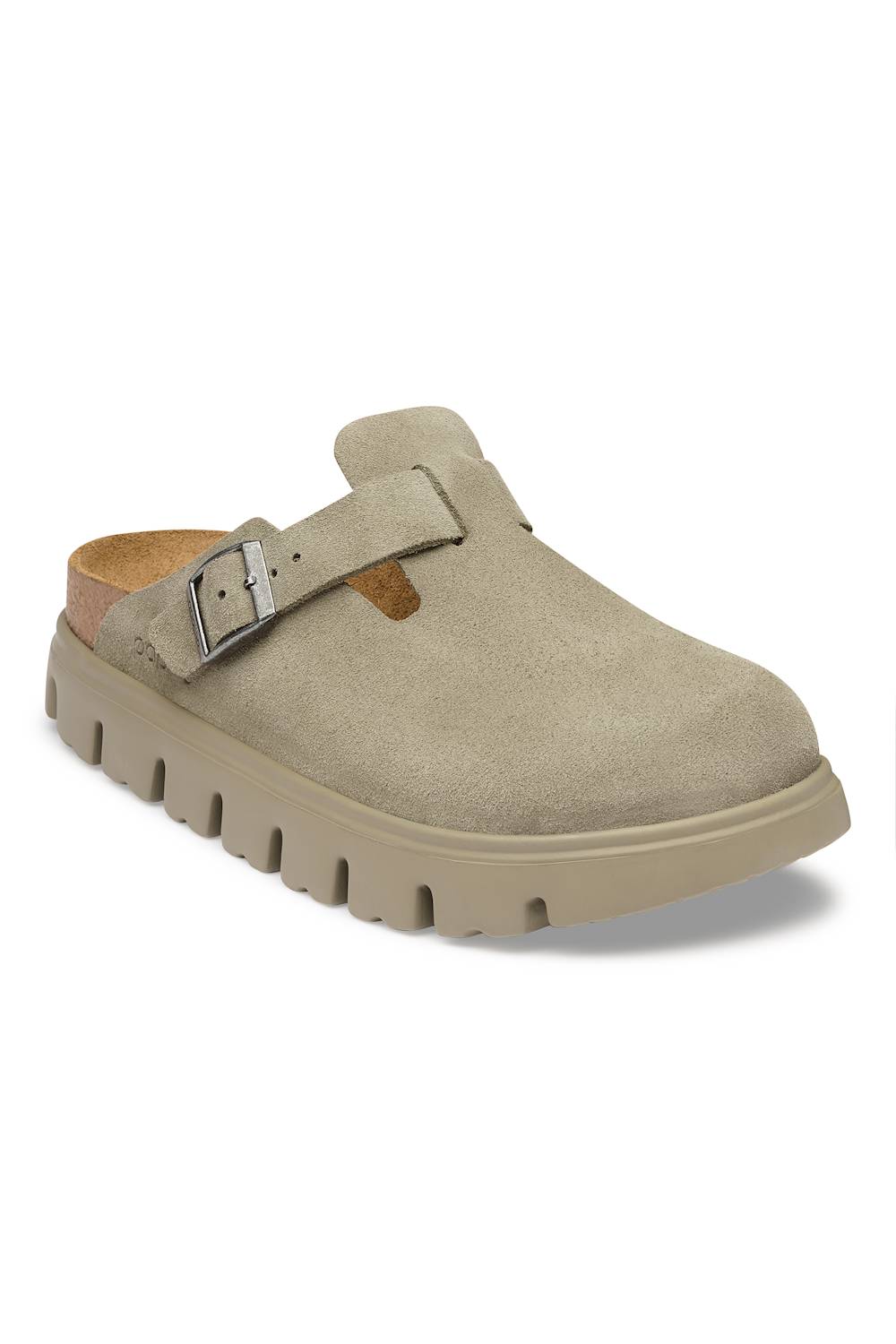 A single taupe-colored clog shoe with a thick, ridged sole and a silver buckle strap, shown on a plain white background.
