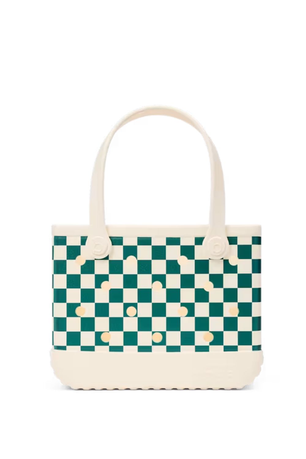 A structured tote bag featuring a green and cream checkerboard pattern with cream handles and trim, accented by small cream circular studs, shown against a plain white background.