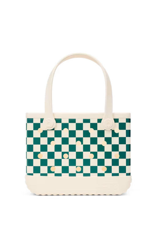 A structured tote bag featuring a green and cream checkerboard pattern with cream handles and trim, accented by small cream circular studs, shown against a plain white background.