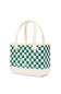 A woven tote bag featuring a green and cream checkerboard pattern with solid cream handles and base, shown on a clean white background.