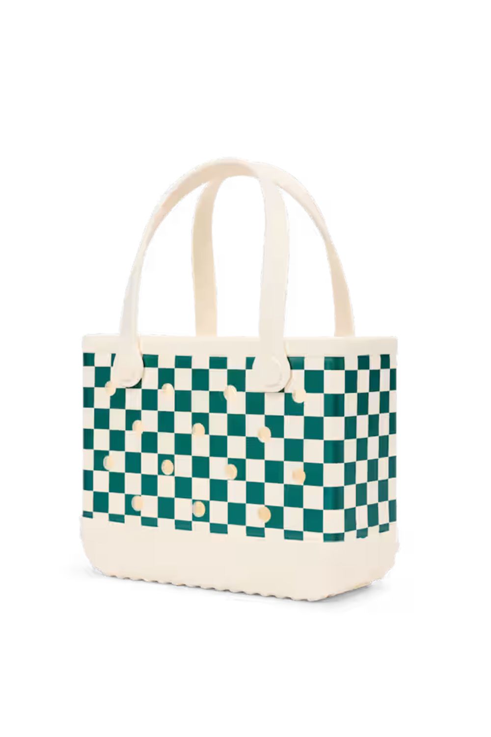 A woven tote bag featuring a green and cream checkerboard pattern with solid cream handles and base, shown on a clean white background.