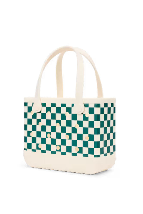 A woven tote bag featuring a green and cream checkerboard pattern with solid cream handles and base, shown on a clean white background.