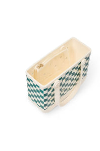 A rectangular tote bag with a green and white checkerboard pattern on the exterior and a cream-colored interior, shown on a plain white background.