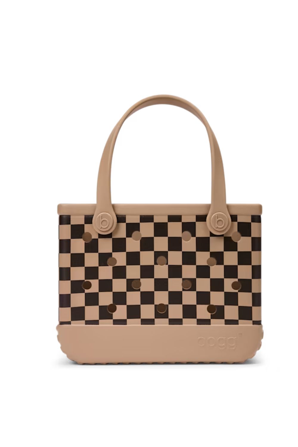 A structured tote bag featuring a beige and brown checkerboard pattern with matching beige handles and base, displayed on a clean white background.