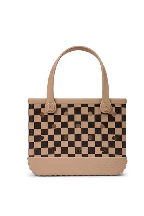 A structured tote bag featuring a beige and brown checkerboard pattern with matching beige handles and base, displayed on a clean white background.