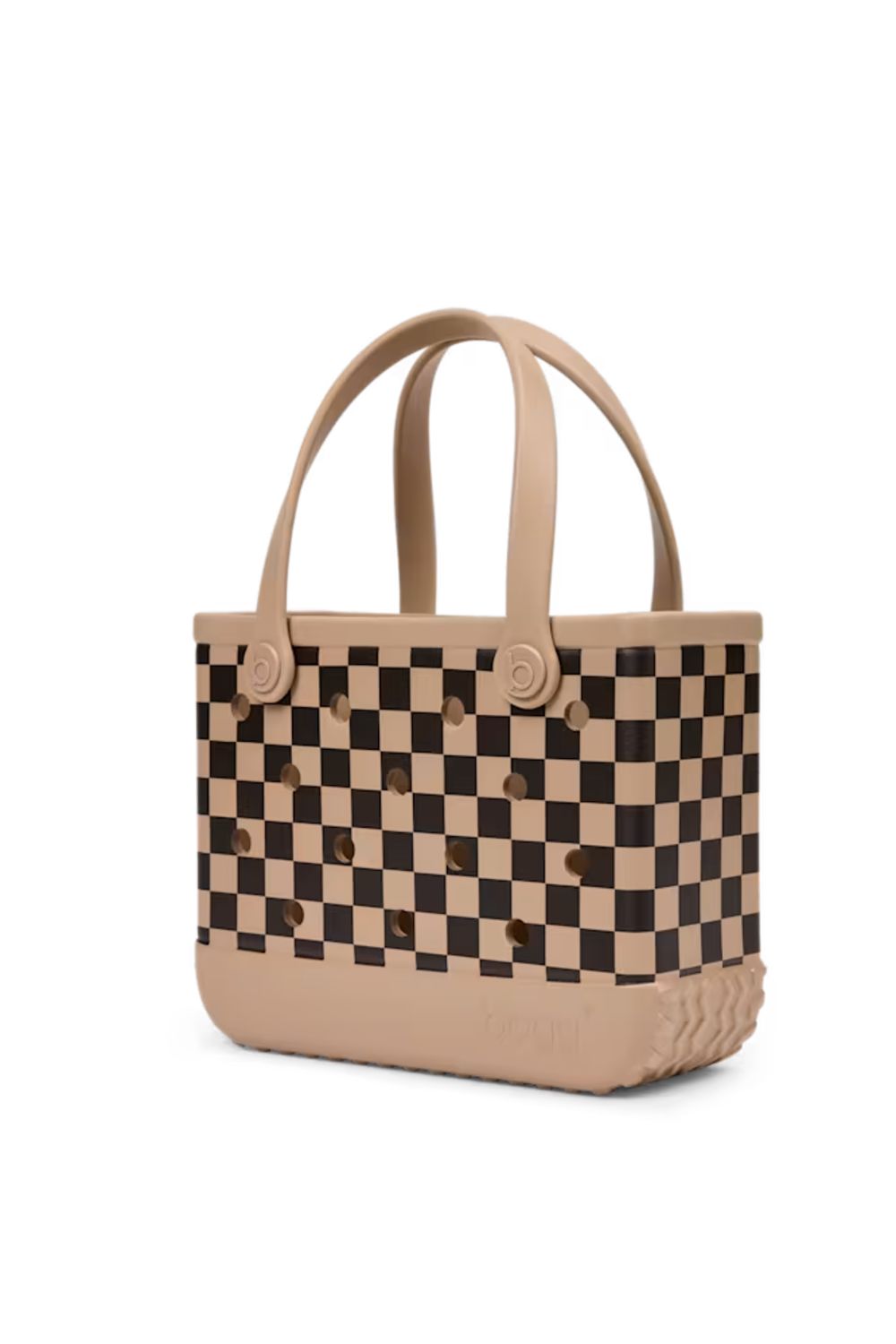 A structured tote bag featuring a black and beige checkerboard pattern on the main body, with solid beige handles and base, photographed on a clean white background.