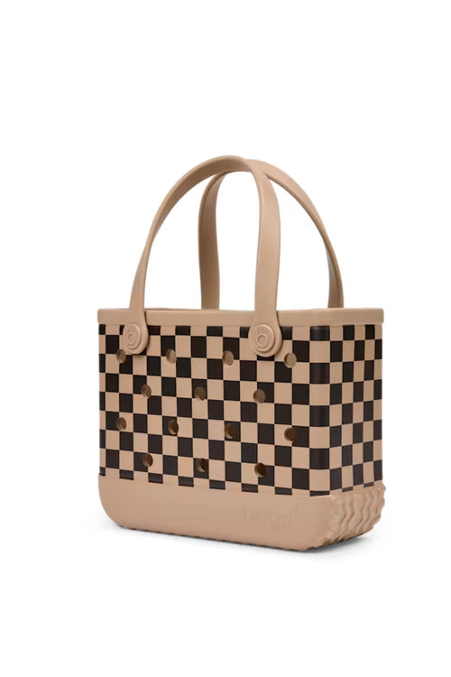A structured tote bag featuring a black and beige checkerboard pattern on the main body, with solid beige handles and base, photographed on a clean white background.