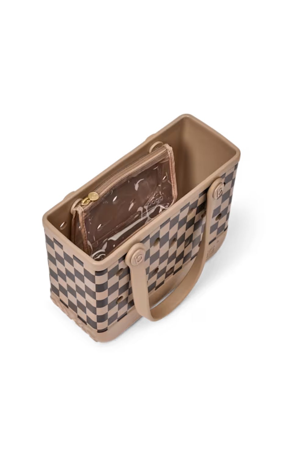 A structured tote bag with a beige and brown checkerboard pattern, featuring tan leather handles and a matching brown zippered pouch inside, shown on a white background.