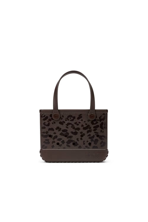 A dark brown leather tote bag with a leopard print pattern on the front and solid dark brown handles, shown against a plain white background.