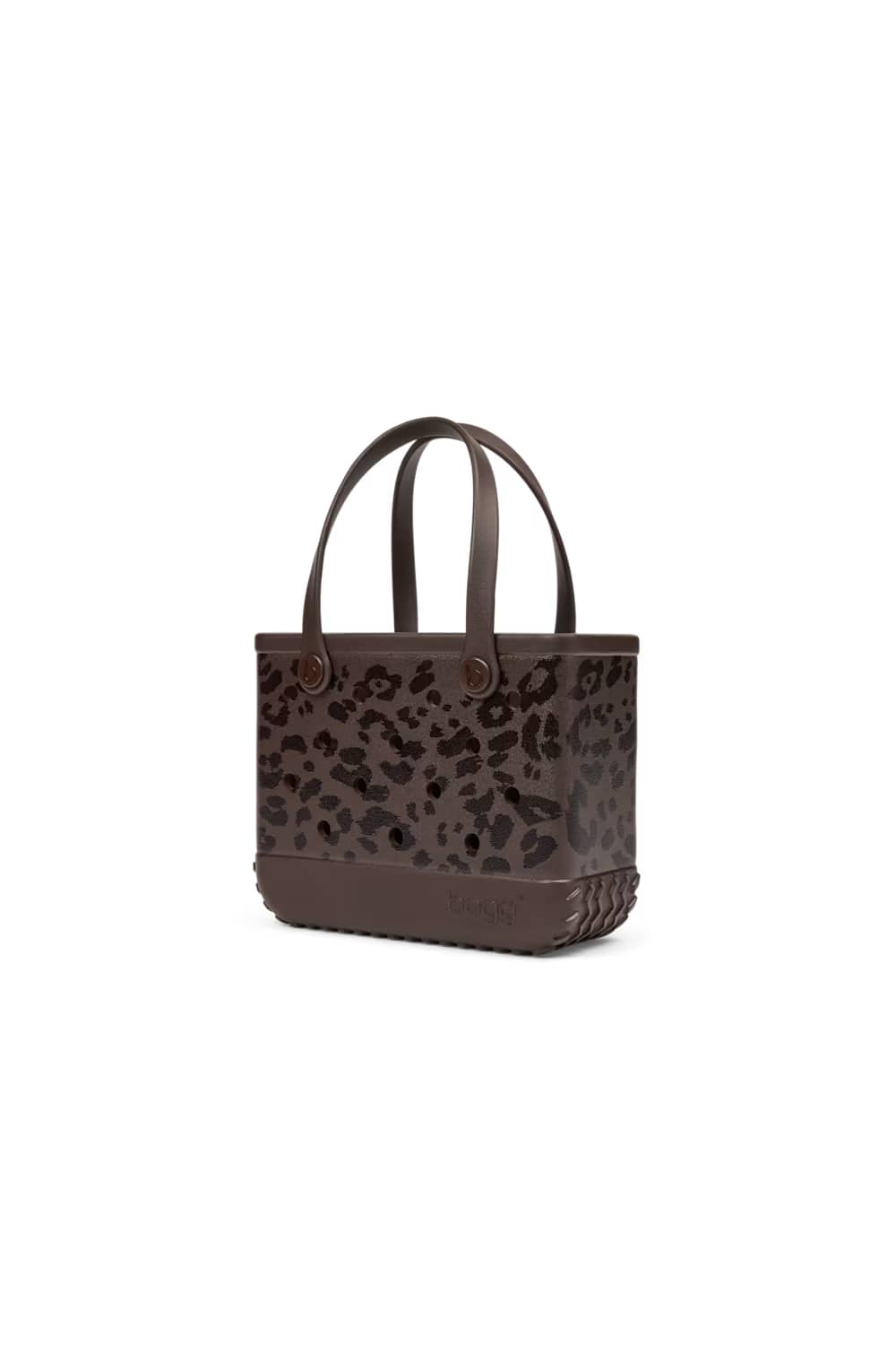A dark brown leather tote bag with a leopard print pattern on the front and solid dark brown handles, shown against a plain white background.