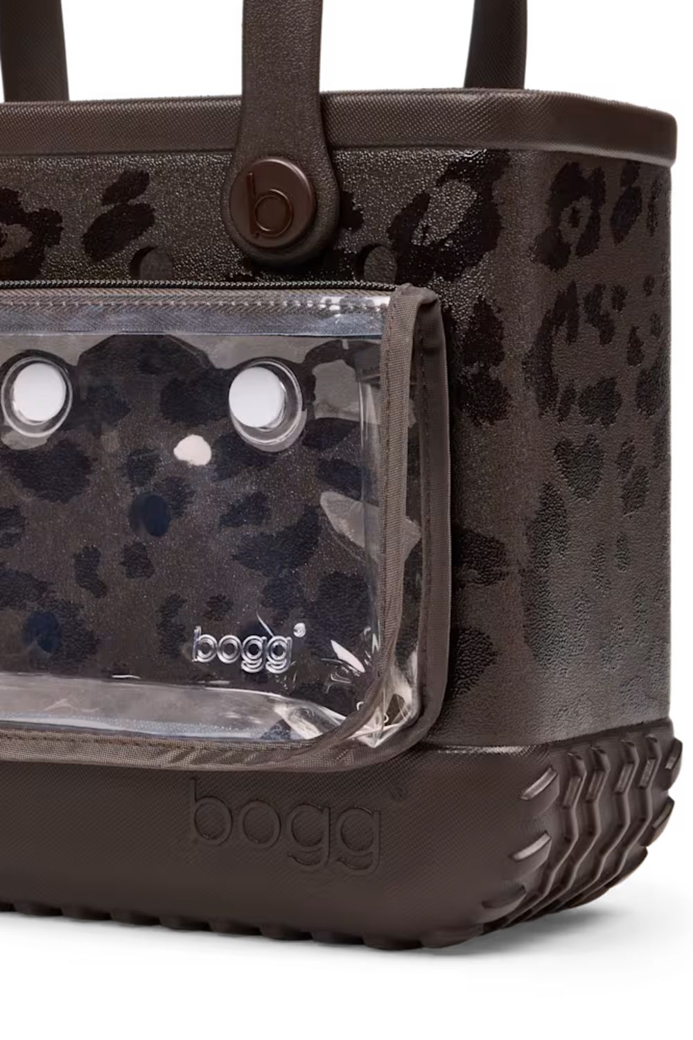 A dark brown leather tote bag with a leopard print pattern on the front and solid dark brown handles, shown against a plain white background.