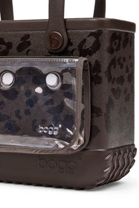 A dark brown leather tote bag with a leopard print pattern on the front and solid dark brown handles, shown against a plain white background.