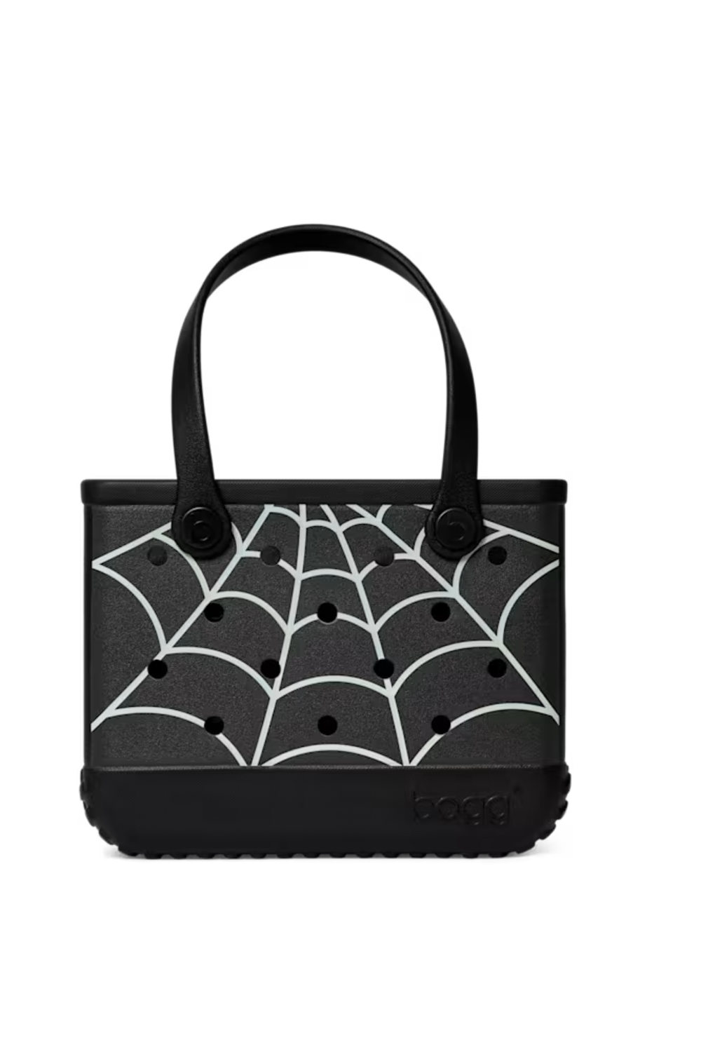 A black Bogg handbag featuring a white spiderweb pattern across the front, with black handles and a black base, shown on a plain white background.