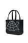 A black tote bag with a white spiderweb pattern on the front, featuring dual top handles and a textured bottom base, shown against a plain white background.