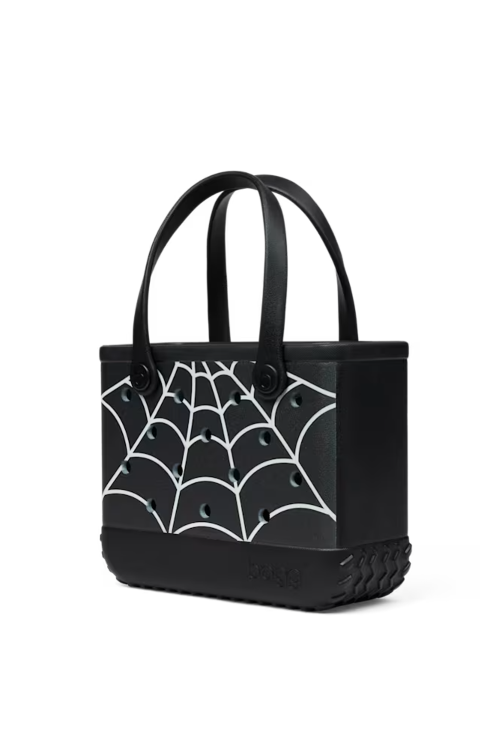 A black tote bag with a white spiderweb pattern on the front, featuring dual top handles and a textured bottom base, shown against a plain white background.