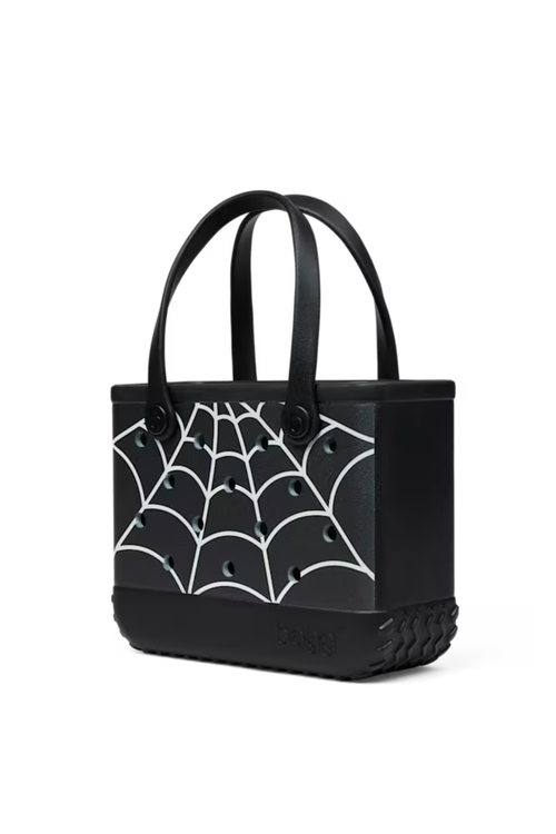 A black tote bag with a white spiderweb pattern on the front, featuring dual top handles and a textured bottom base, shown against a plain white background.