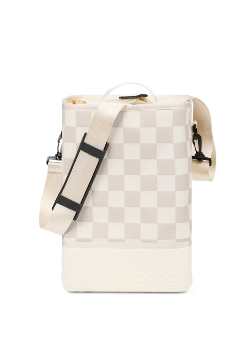 A Bogg bag shoulder bag in a beige and white checkerboard pattern with a cream-colored base and strap, shown on a plain white background.