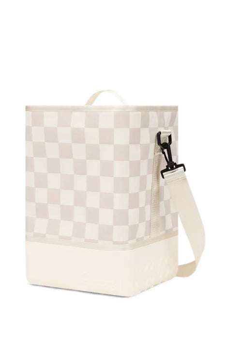 A canvas tote bag featuring a beige and off-white checkerboard pattern on the upper half and a solid off-white base, with a matching off-white shoulder strap and top handle.