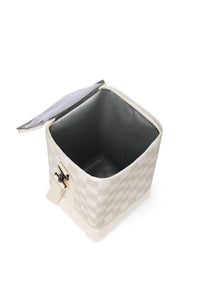A square cooler bag with a light beige and white checkerboard pattern, shown open to reveal a dark gray interior. It features a silver zipper and a small gold-tone metal clasp on the side, set against a plain white background.