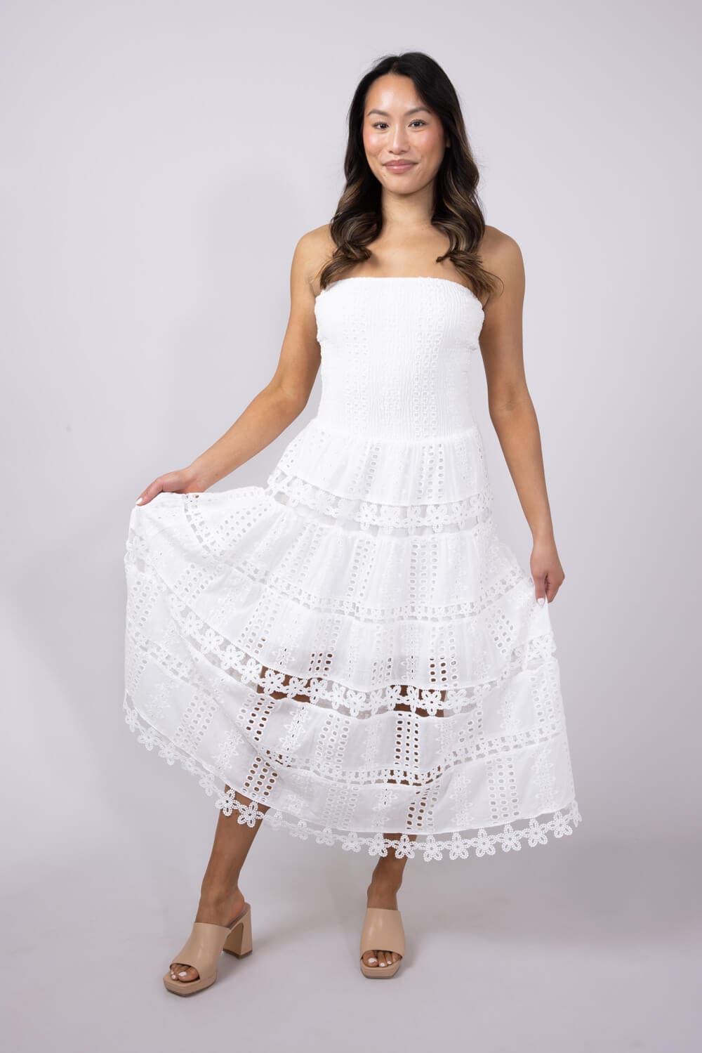Eyelet Lace Strapless Midi Dress for Women in White | D-2192