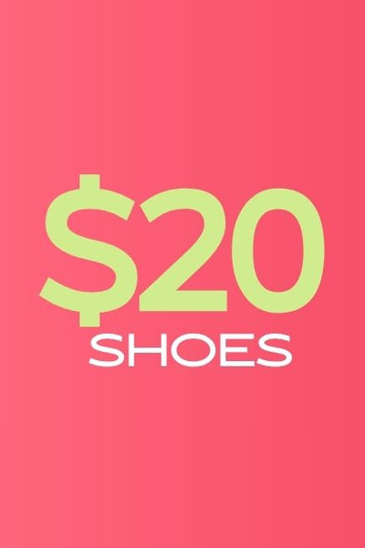 Red graphic with text that reads $20 Shoes