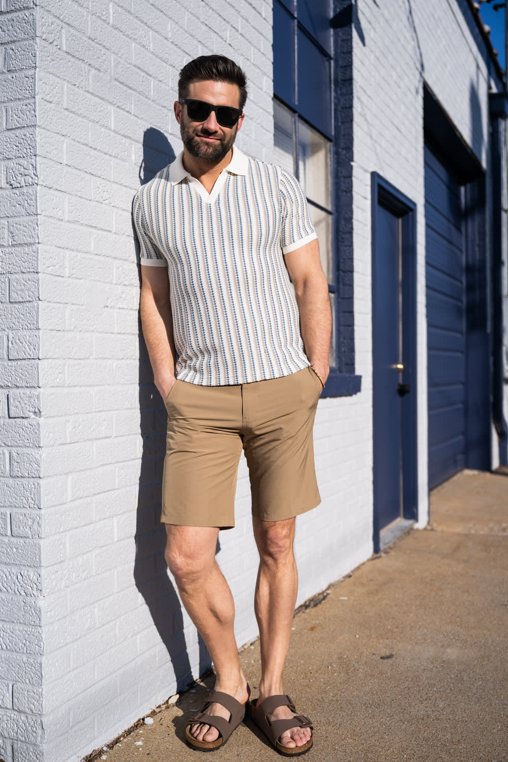 Denim & Flower Striped Crotchet Knit Sweater Polo for Men in Blue
