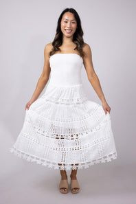 Eyelet Lace Strapless Midi Dress for Women in White