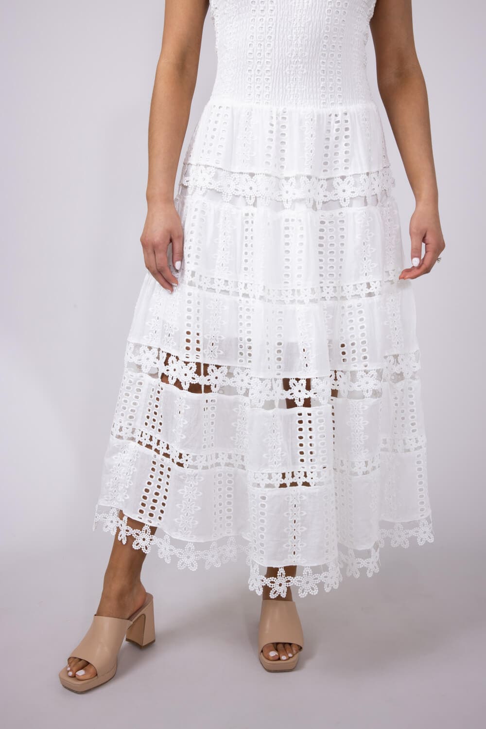 Eyelet Lace Strapless Midi Dress for Women in White