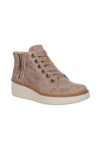 A single mid-height lace-up sneaker boot in taupe suede with a side zipper, cream wedge sole, and brown outsole, shown on a plain white background.