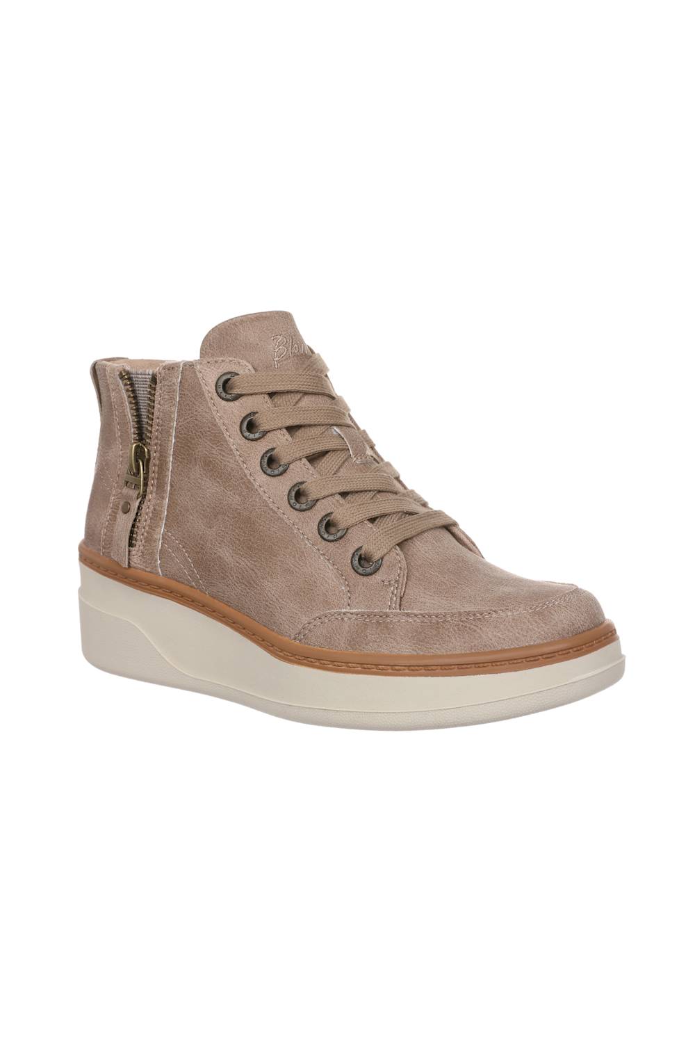 A single mid-height lace-up sneaker boot in taupe suede with a side zipper, cream wedge sole, and brown outsole, shown on a plain white background.