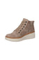 A single women's mid-height lace-up ankle boot in taupe suede, featuring a side zipper, metal eyelets, and a chunky platform sole.