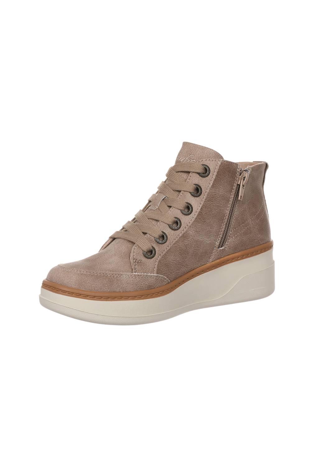 A single women's mid-height lace-up ankle boot in taupe suede, featuring a side zipper, metal eyelets, and a chunky platform sole.