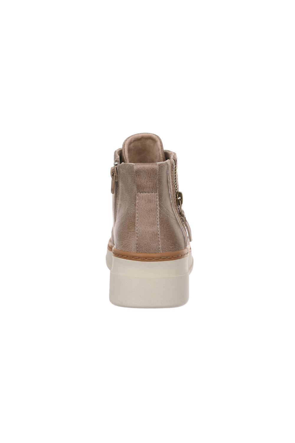 A single taupe-brown high-top sneaker shown from the back, featuring a thick white platform sole and a small gold-tone zipper pull on a plain white background.
