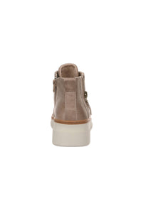 A single taupe-brown high-top sneaker shown from the back, featuring a thick white platform sole and a small gold-tone zipper pull on a plain white background.