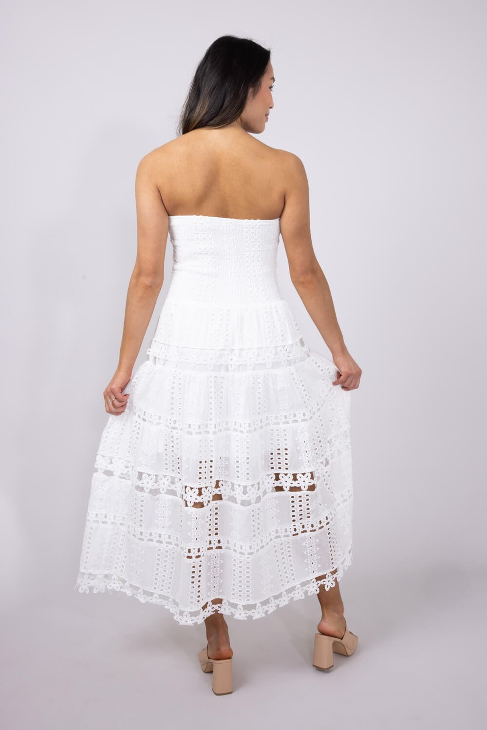 Eyelet Lace Strapless Midi Dress for Women in White