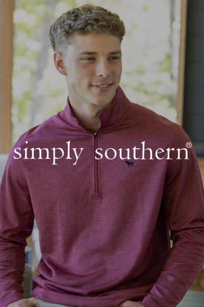 Young man in a maroon pullover with a small logo, smiling softly, sits indoors against a softly focused background. Simply Southern branding overlays.