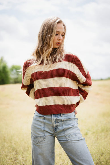 La Miel Striped Waffle Sweater for Women in Red Bean