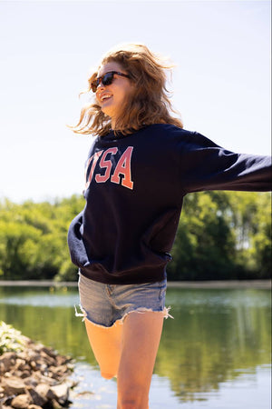 1897 Active Embroidered USA Sweatshirt for Women in Deep Navy