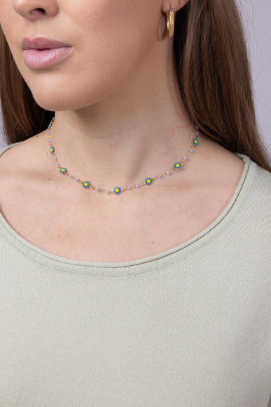 Blue Flower Choker Necklace in Gold
