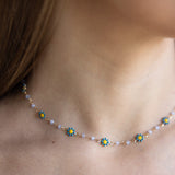 Blue Flower Choker Necklace in Gold
