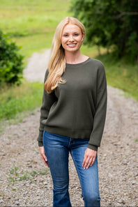Drop Shoulder Waffle Sweater for Women in Green