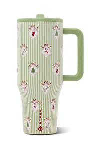 A light green HydroJug travel mug with a matching lid and handle, decorated with a festive pattern of red stockings, Christmas trees, and white snowflakes over vertical light green stripes.
