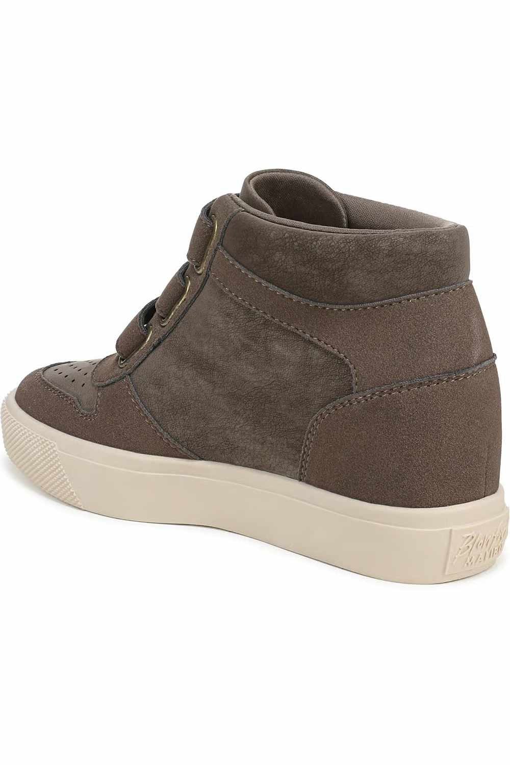 Back angle detail view of a Blowfish Malibu high-top wedge sneaker highlighting the woodsmoke grey suede heel counter, padded ankle collar, off-white rubber midsole, and side velcro strap closure.